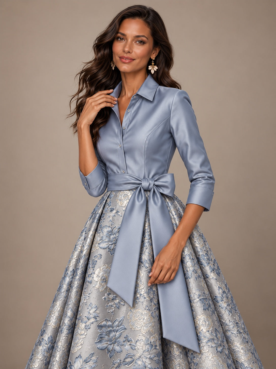 Dusty Blue Floral Jacquard Mother of the Bride A-Line Gown