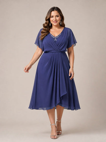 Navy Blue A-Line V-Neck Tea-Length Mother of the Bride Dress