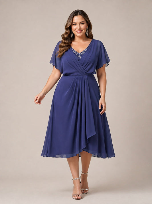 Navy Blue A-Line V-Neck Tea-Length Mother of the Bride Dress