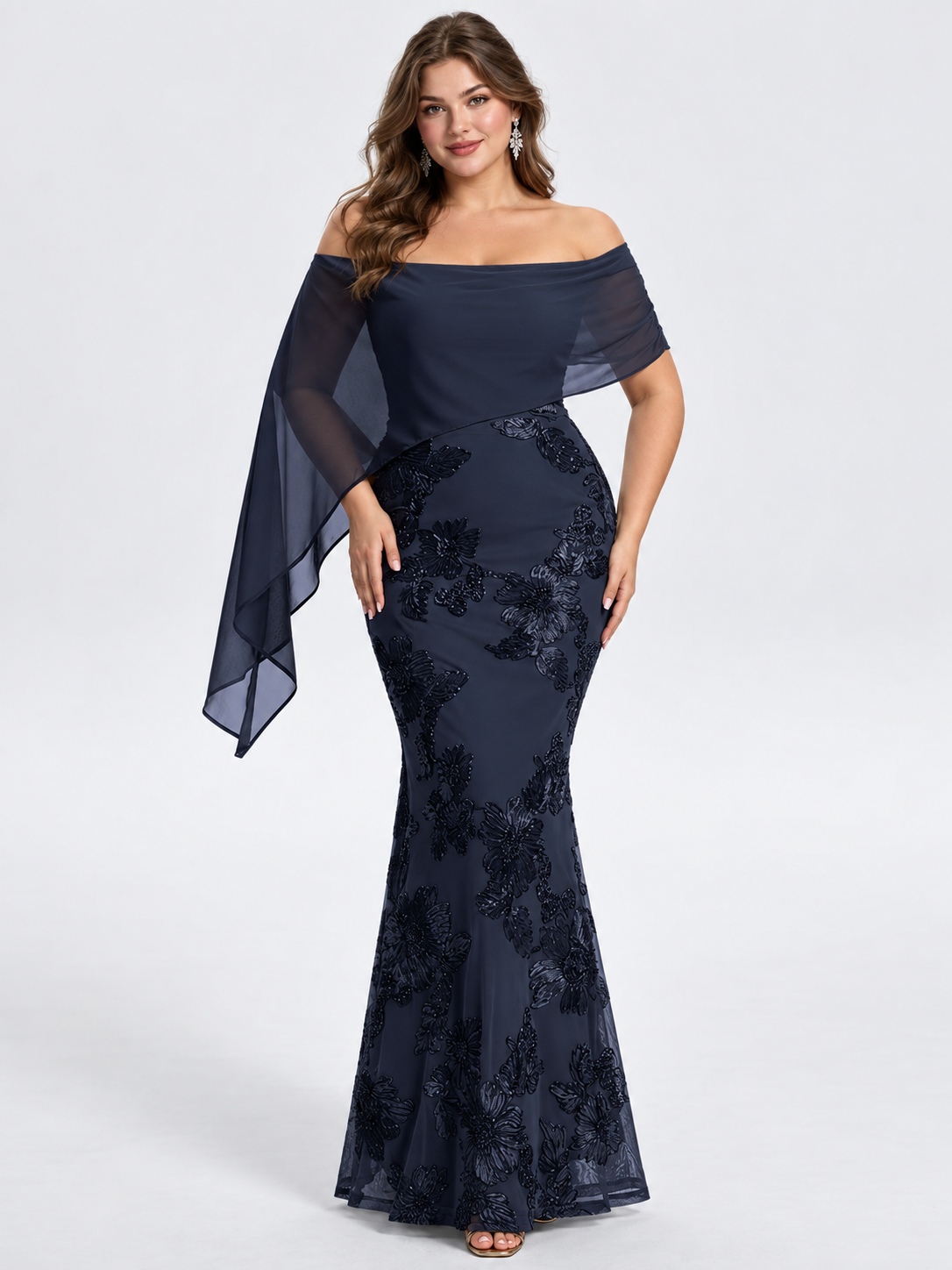 Navy Blue Floral Ribbon Embroidered Off-Shoulder Mermaid Evening Gown