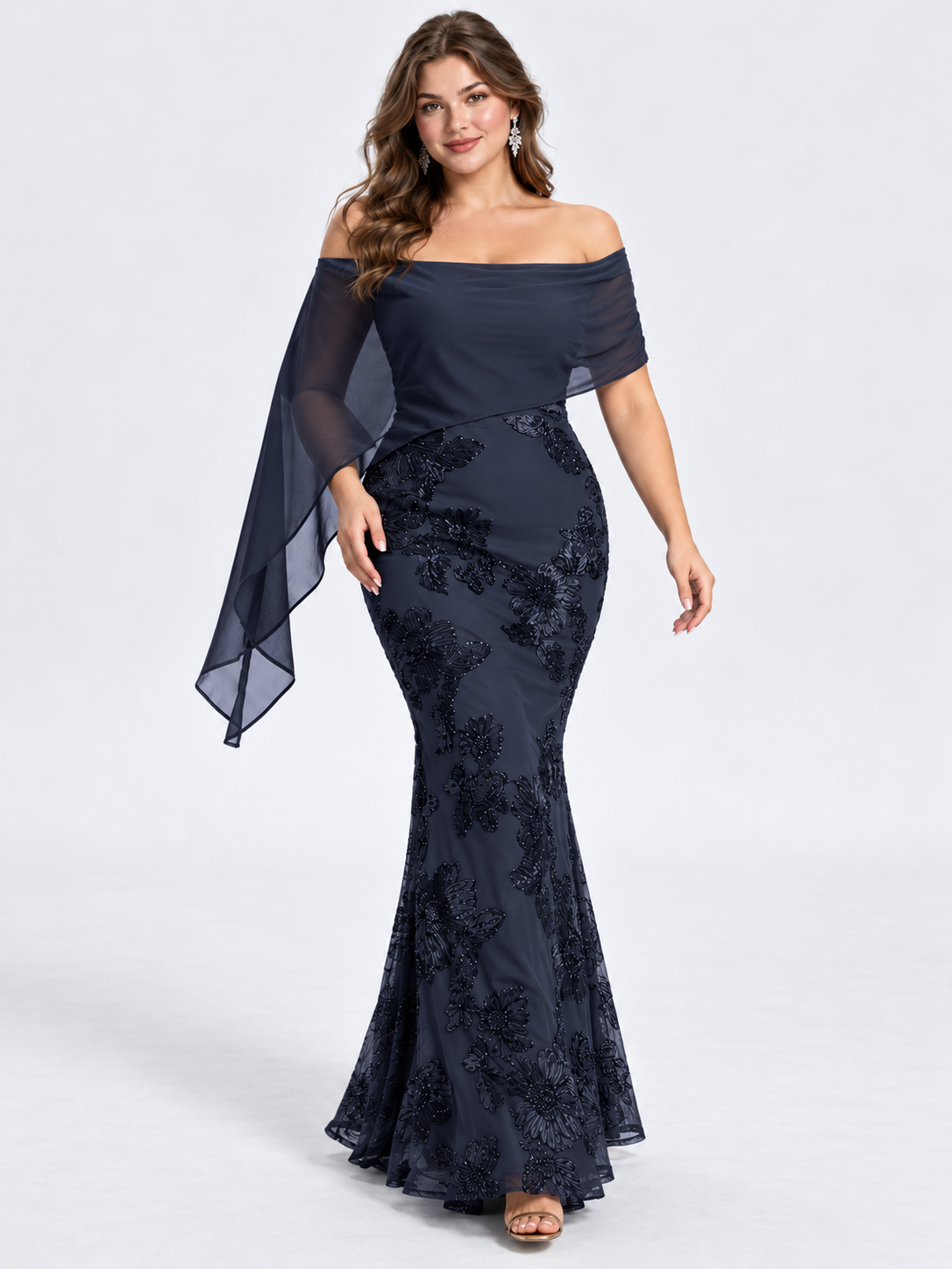 Navy Blue Floral Ribbon Embroidered Off-Shoulder Mermaid Evening Gown