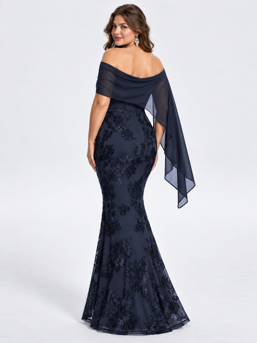 Navy Blue Floral Ribbon Embroidered Off-Shoulder Mermaid Evening Gown