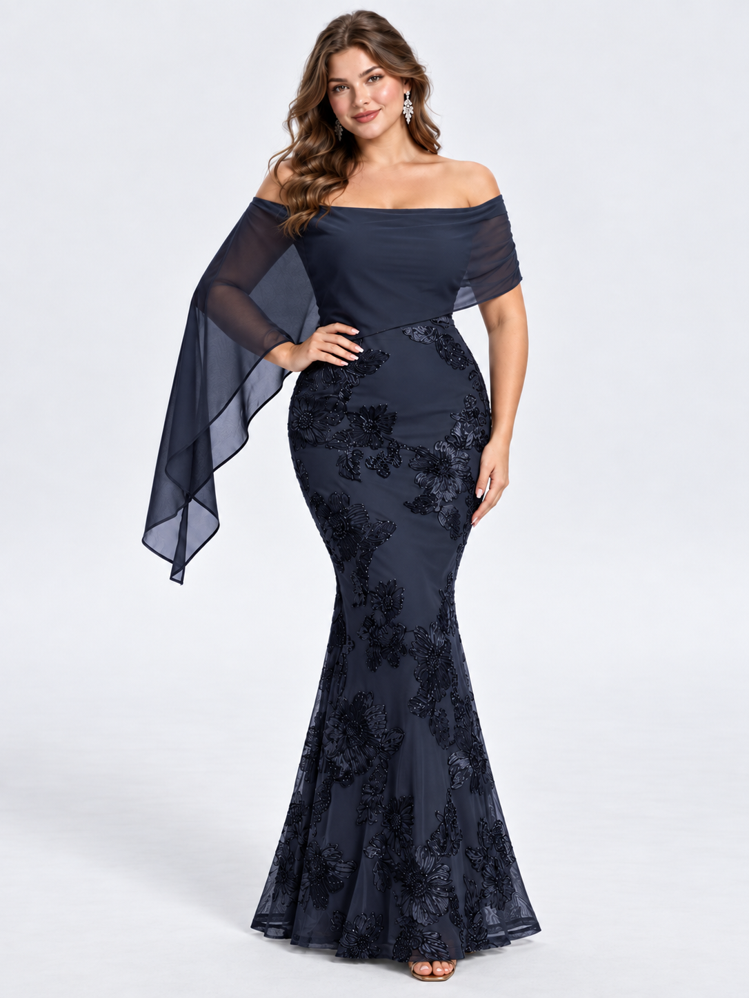 Navy Blue Floral Ribbon Embroidered Off-Shoulder Mermaid Evening Gown