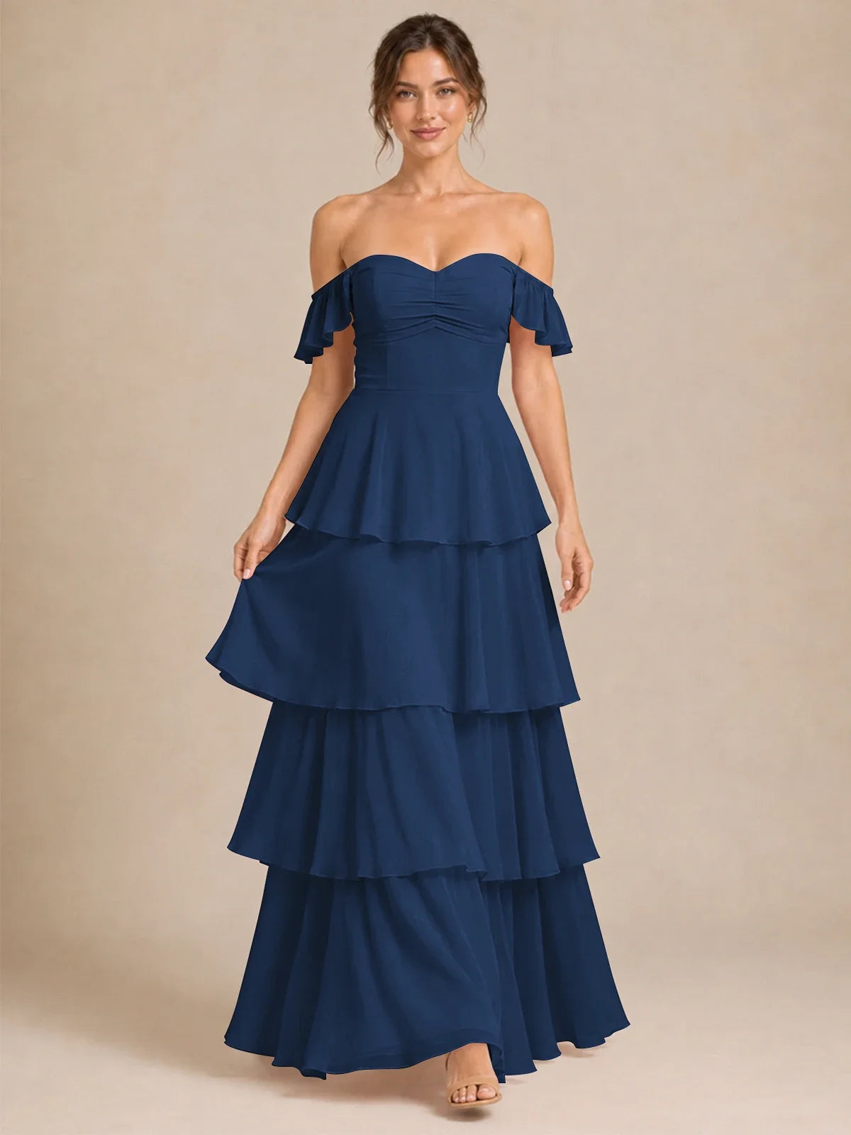 Off Shoulder Tiered Chiffon A-Line Bridesmaid Dress