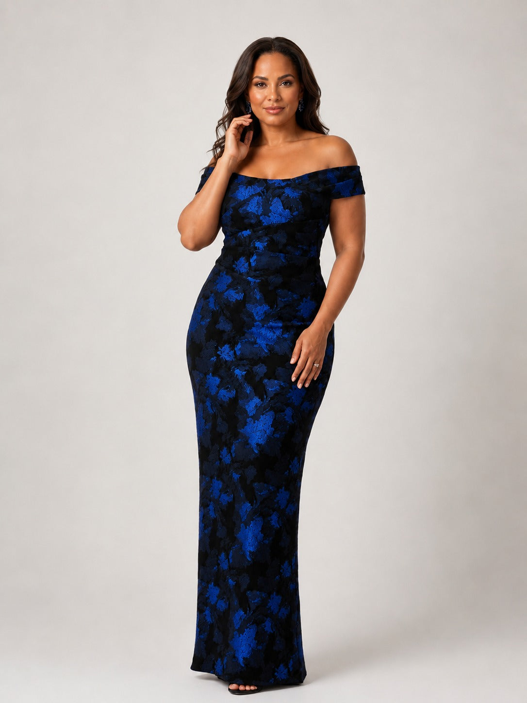 Navy Floral Off-Shoulder Mother of the Bride Dress