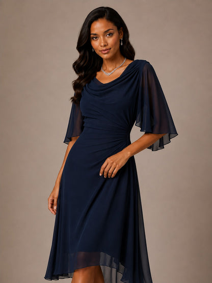 Navy Mother of the Bride Midi Dress with Flutter Sleeves – Cowl Neck