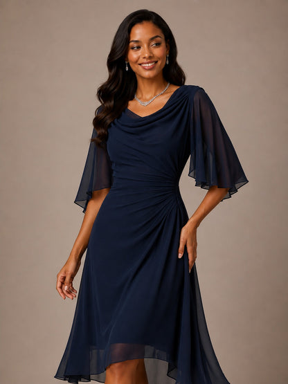 Navy Mother of the Bride Midi Dress with Flutter Sleeves – Cowl Neck
