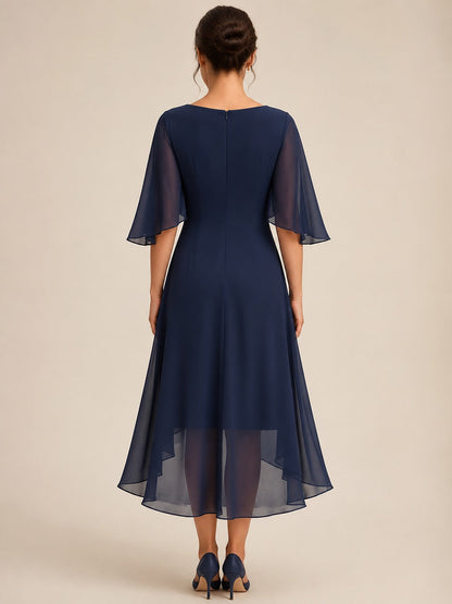 Navy Mother of the Bride Midi Dress with Flutter Sleeves – Cowl Neck