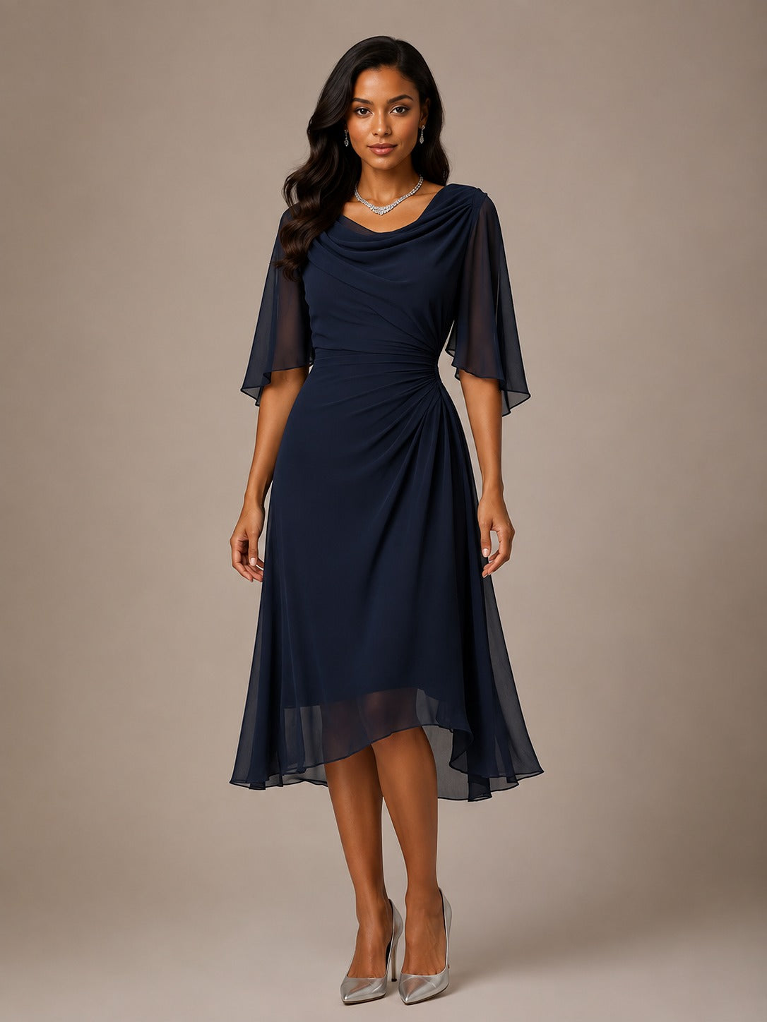 Navy mother of the bride midi dress with sheer flutter sleeves, cowl neckline and ruched waist by venushours