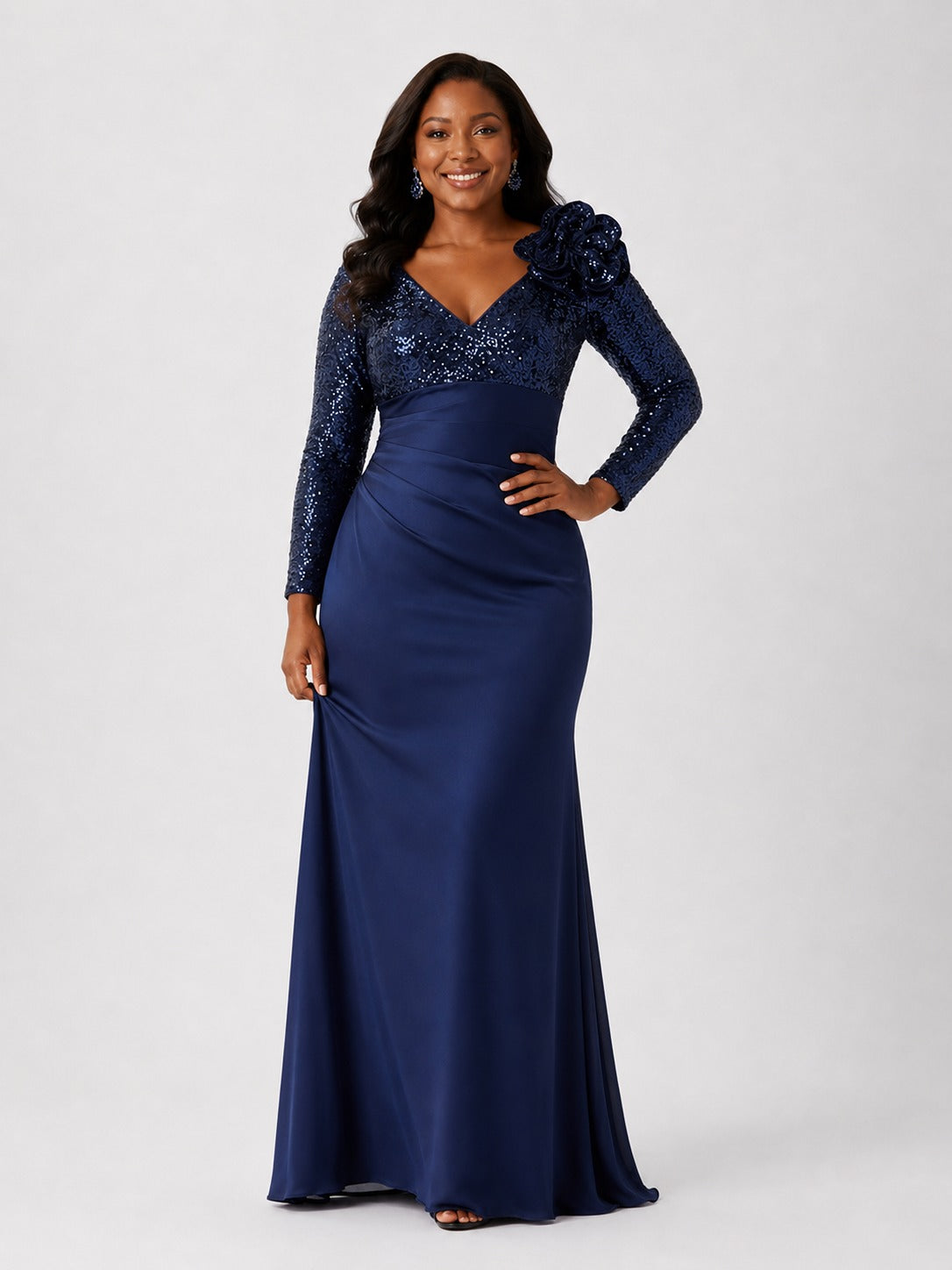 Navy sequin mother of the bride dress with long sleeves and 3D flower by venushours