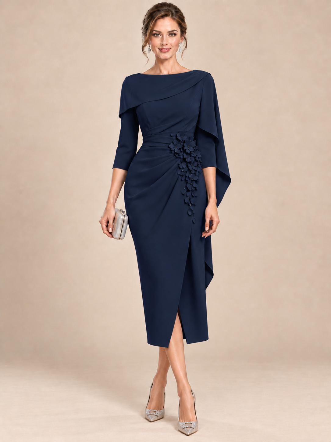 Light Blue Cape Sleeve Mother of the Bride Midi Dress with Floral Applique