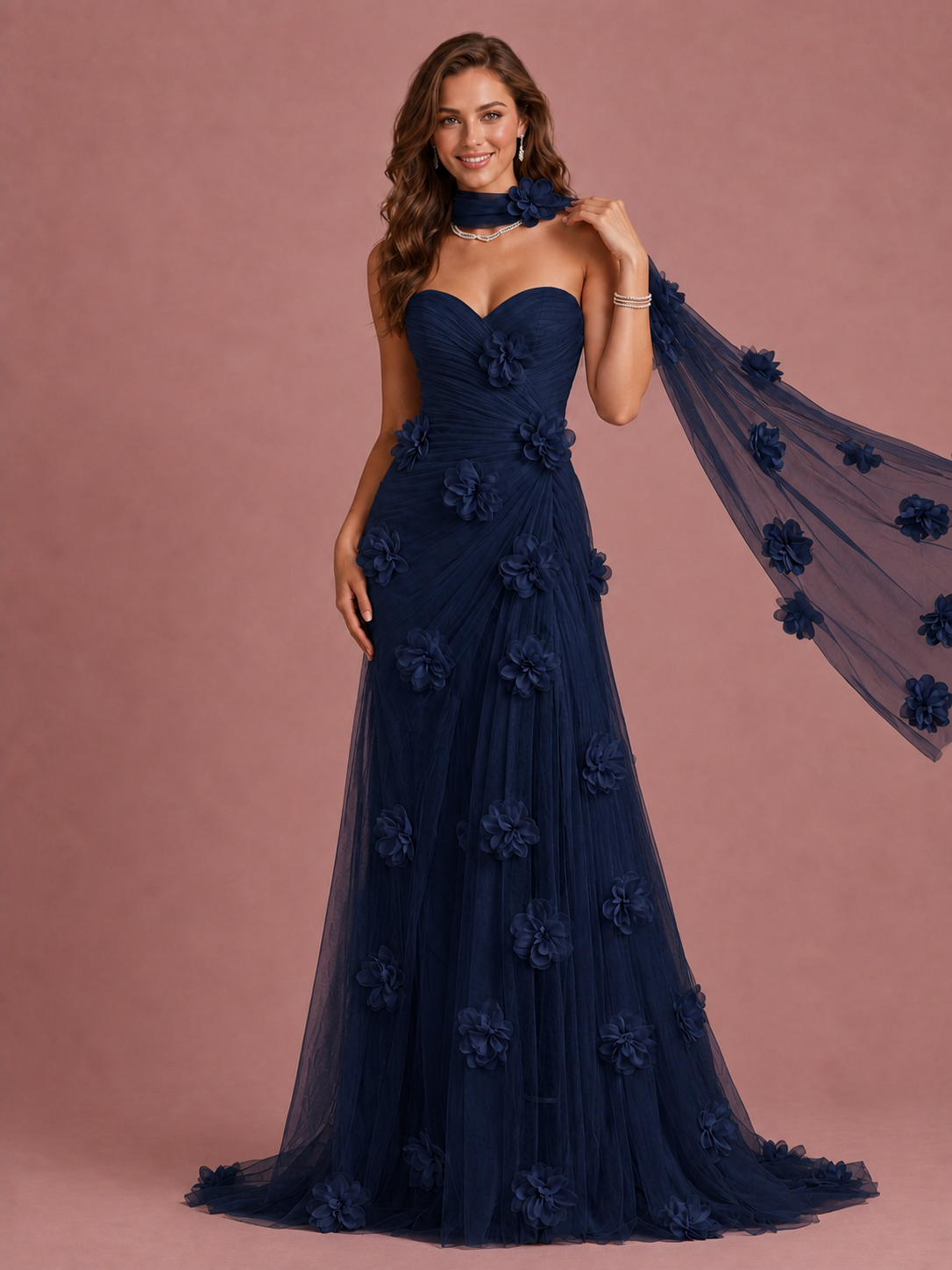 Blush Pink Strapless Sweetheart 3D Floral Tulle Mermaid Prom Dress