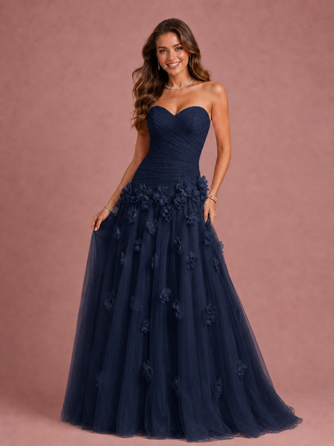 Blush Pink Strapless Sweetheart 3D Floral Tulle Ball Gown Prom Dres