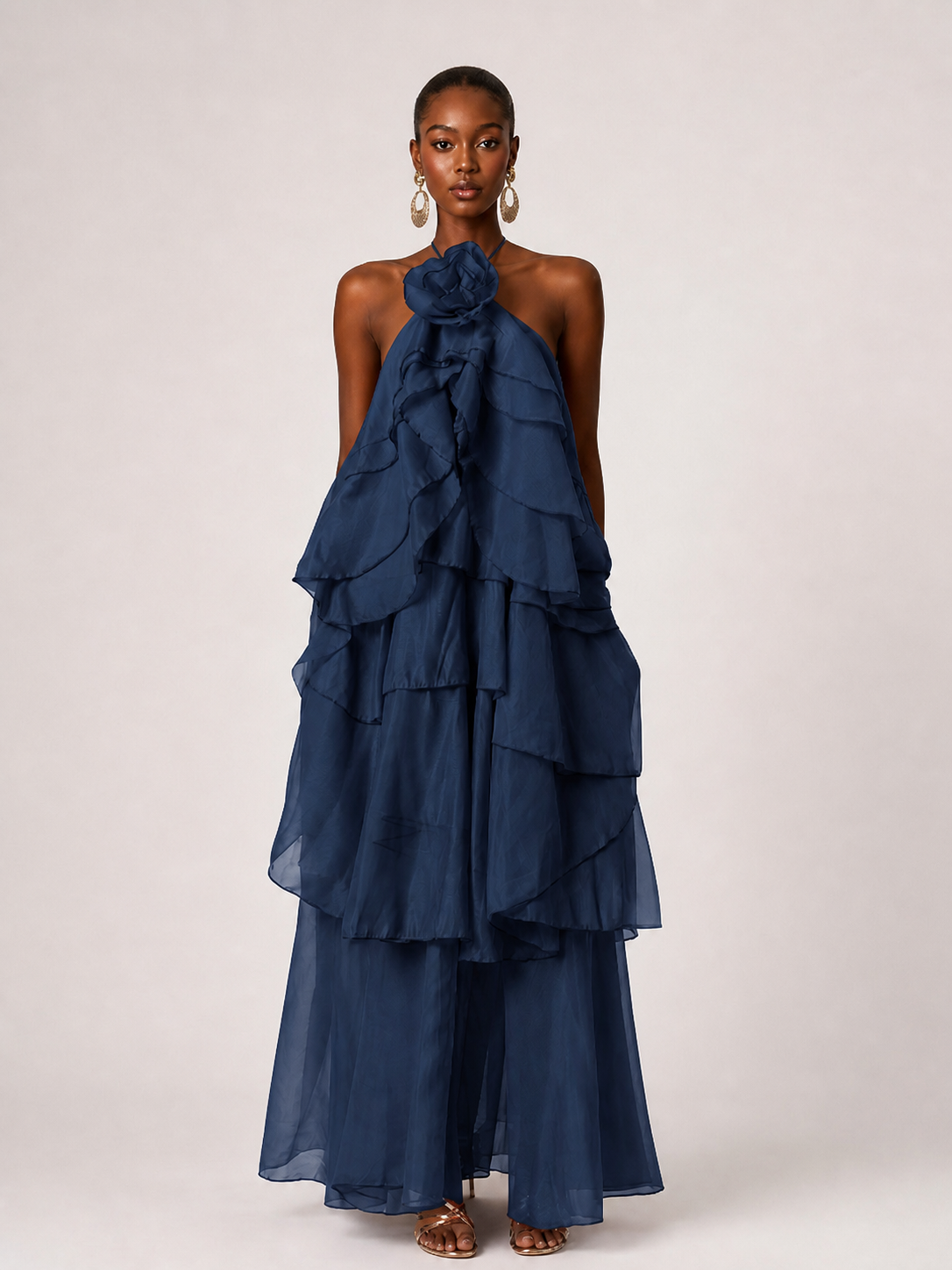 Orange Chiffon Halter Ruffle Maxi Dress with 3D Flower