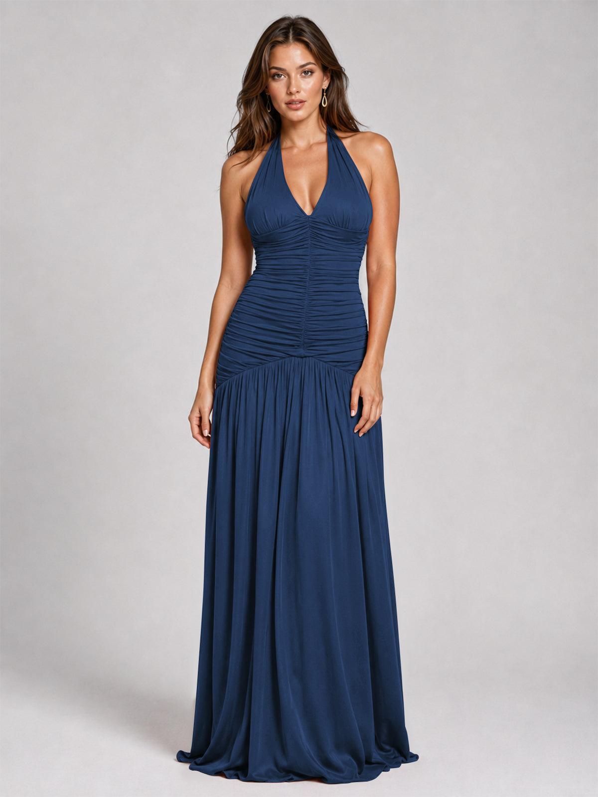 Burnt Orange Ruched Halter Drop-Waist Prom Dress
