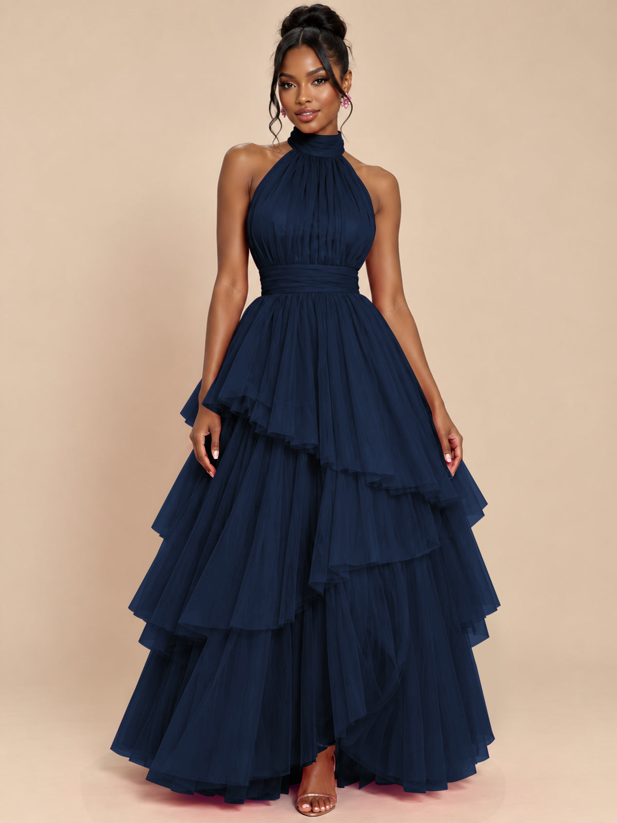 Hot Pink Tulle Halter Neck Tiered Ruffle Maxi Dress