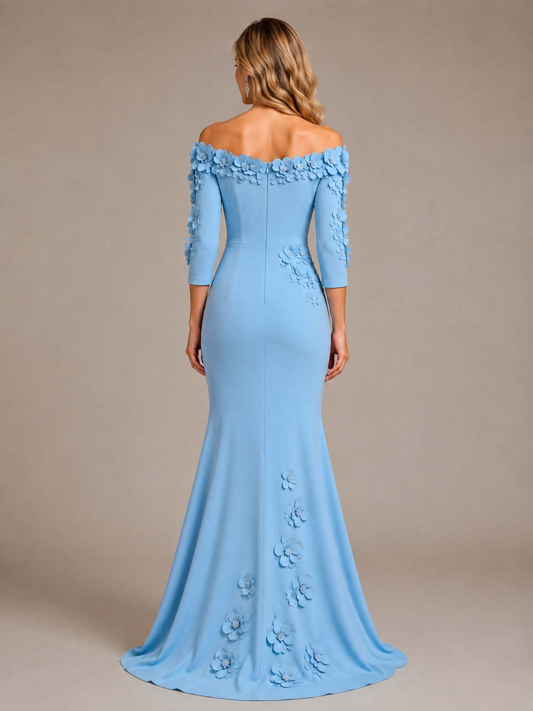 Light Blue 3D Floral Applique Off-the-Shoulder Mother of the Bride Dress