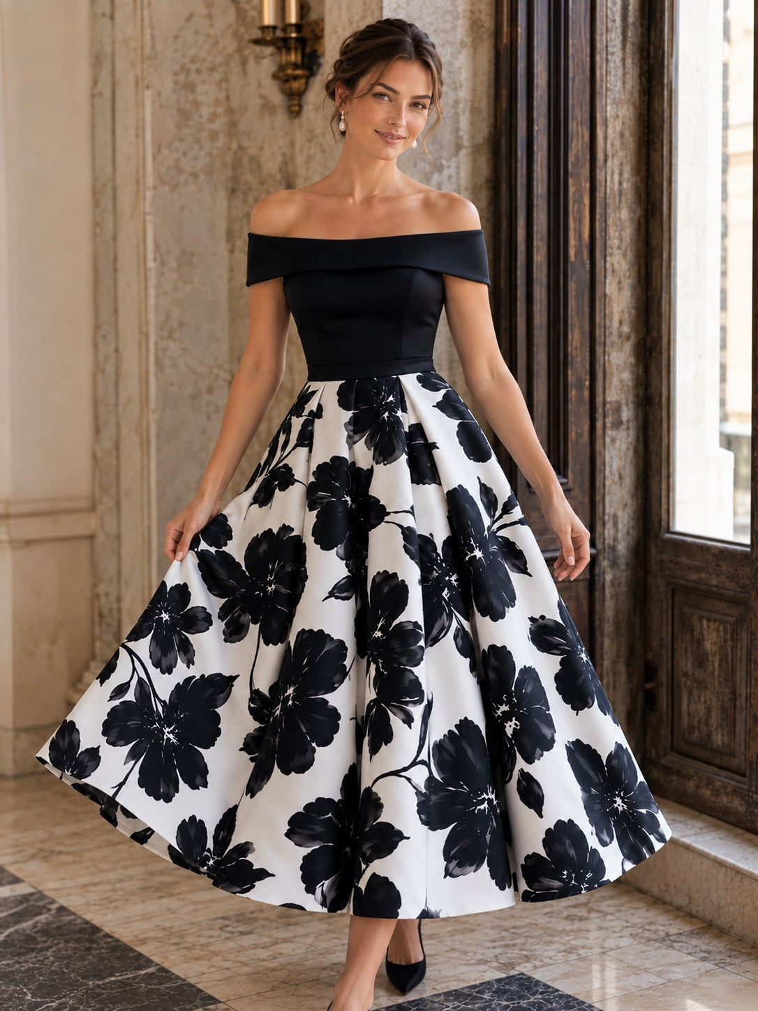 Black & White Floral Off-the-Shoulder A-Line Midi Dress