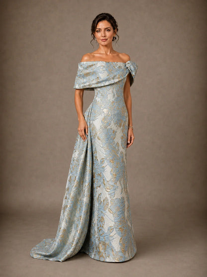 Draped Off Shoulder Floral Jacquard Mother of the Bride Gown