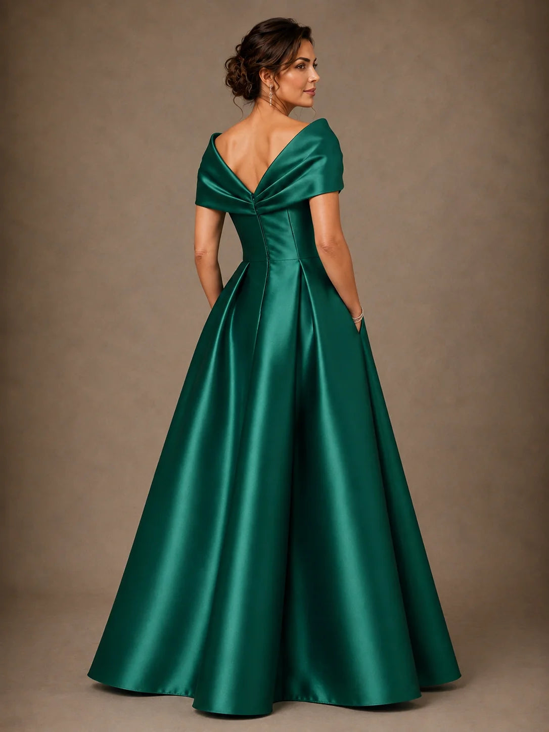 Draped Off Shoulder Satin A-Line Mother of the Bride Gown