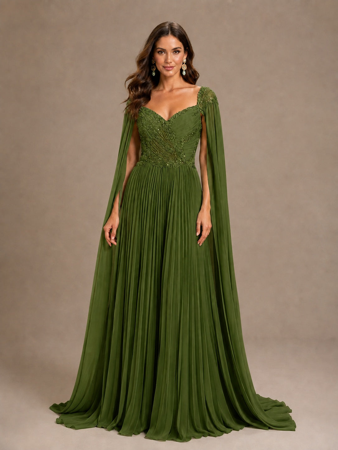 Sage Green Beaded Cape Sleeve Mother of the Bride Dress