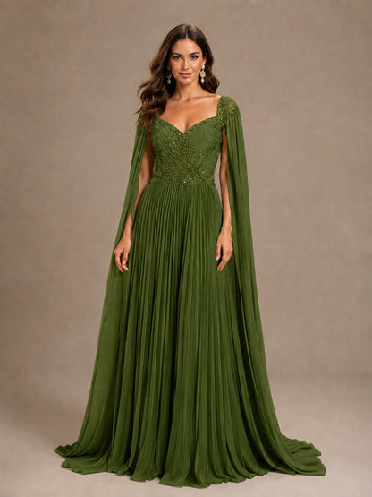 Sage Green Beaded Cape Sleeve Mother of the Bride Dress