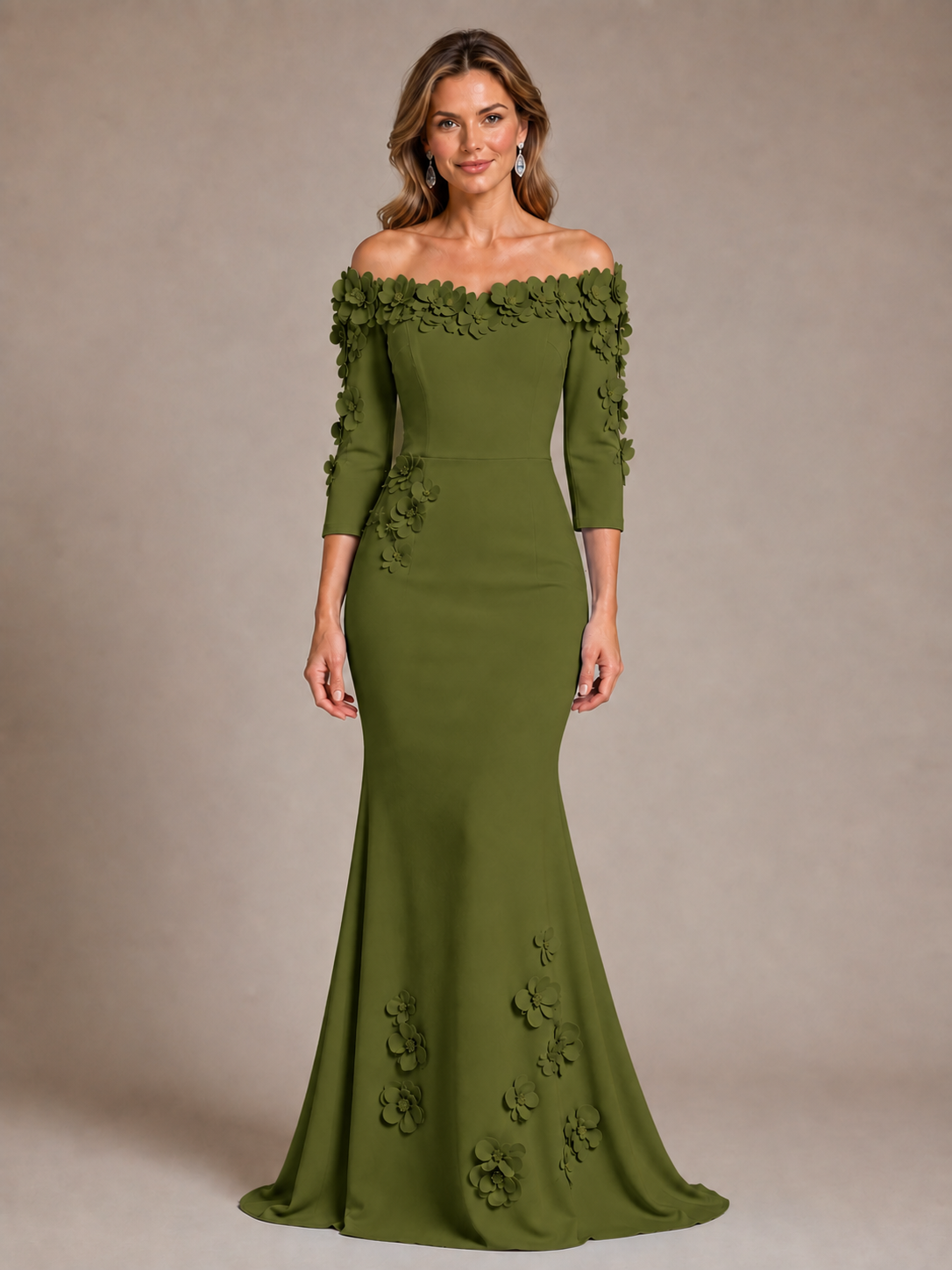 Light Blue 3D Floral Applique Off-the-Shoulder Mother of the Bride Dress