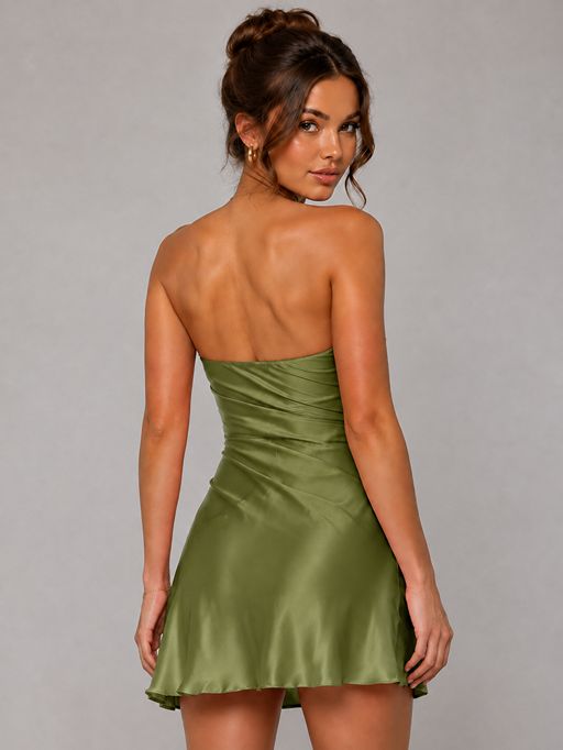Burnt Orange Strapless Satin Mini Dress