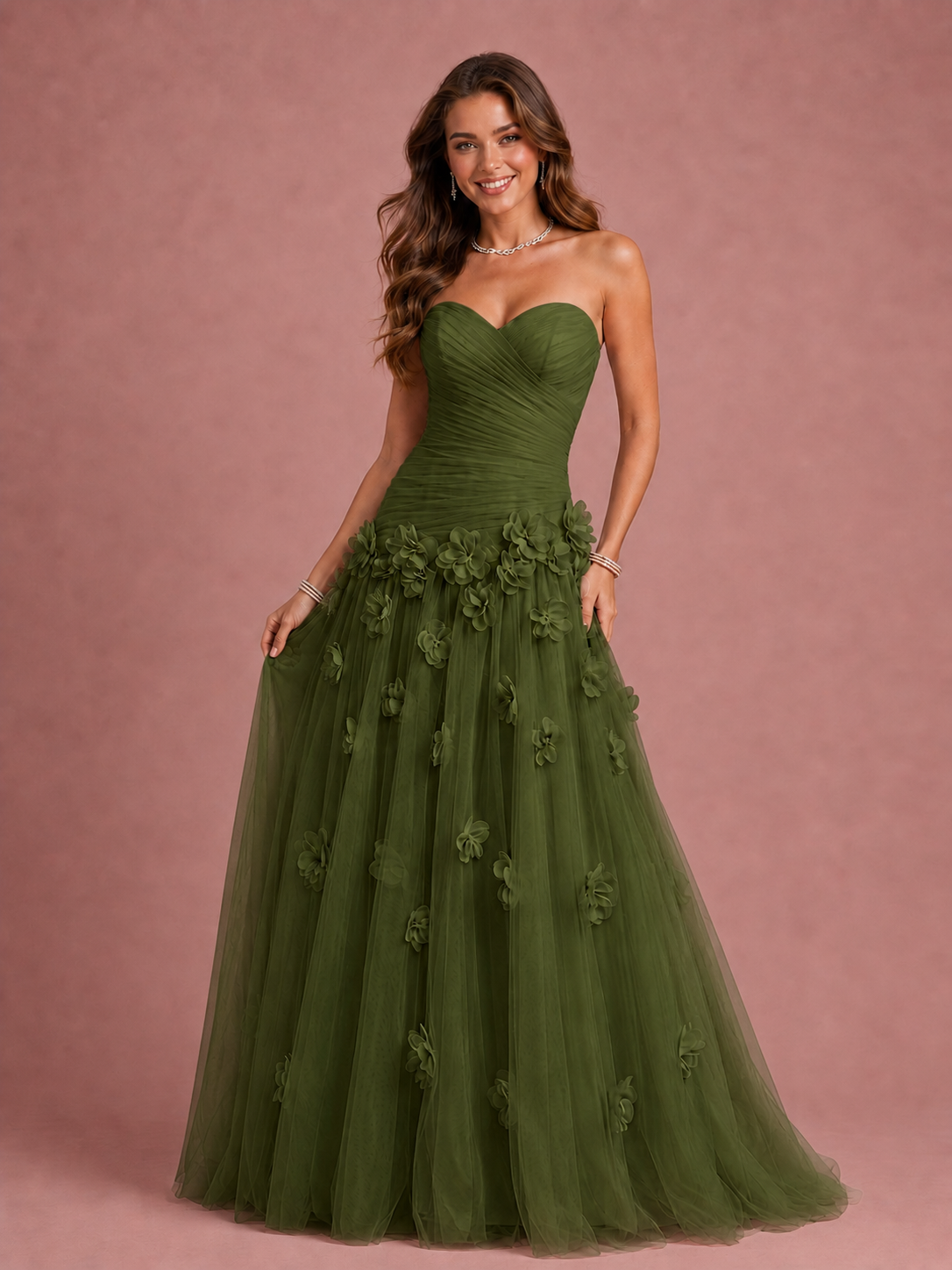 Blush Pink Strapless Sweetheart 3D Floral Tulle Ball Gown Prom Dres