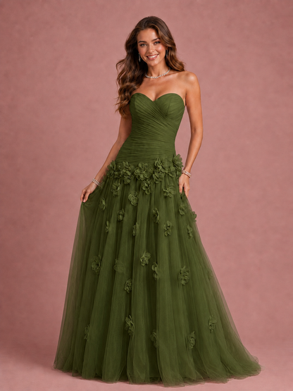 Blush Pink Strapless Sweetheart 3D Floral Tulle Ball Gown Prom Dres