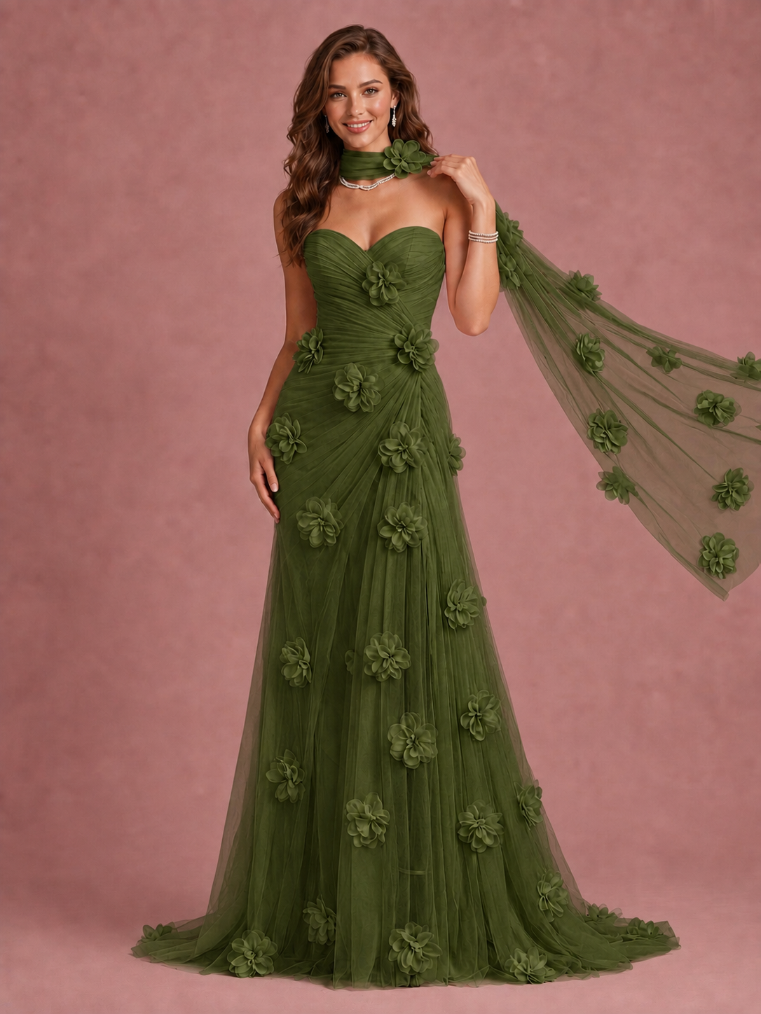 Blush Pink Strapless Sweetheart 3D Floral Tulle Mermaid Prom Dress