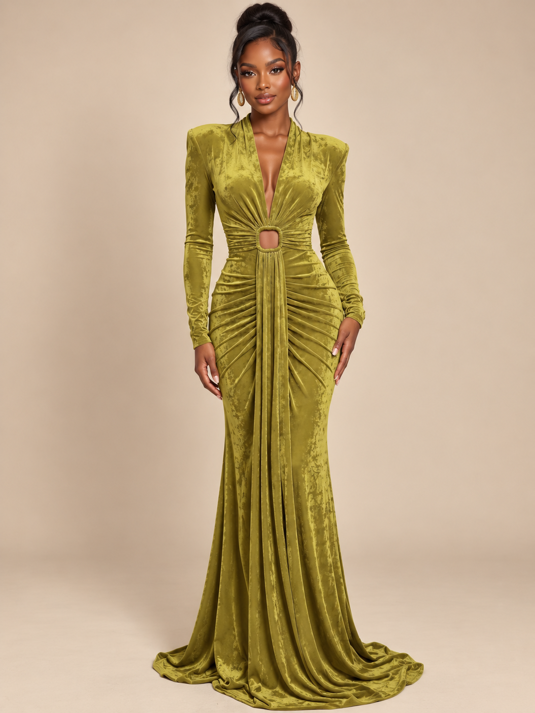 Olive green velvet long sleeve ruched cutout maxi dress by Jovellee
