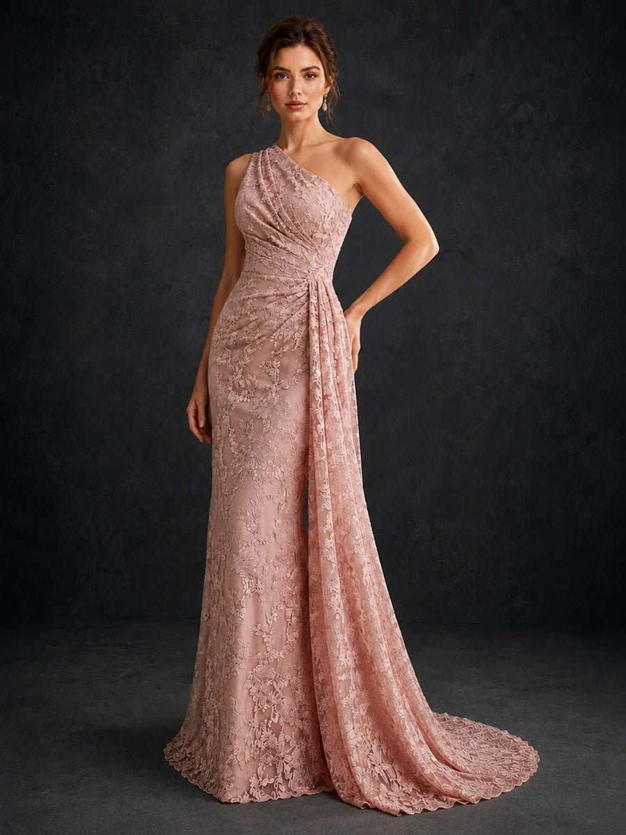 One-Shoulder Ruched Floral Lace Floor-Length Prom Dress
