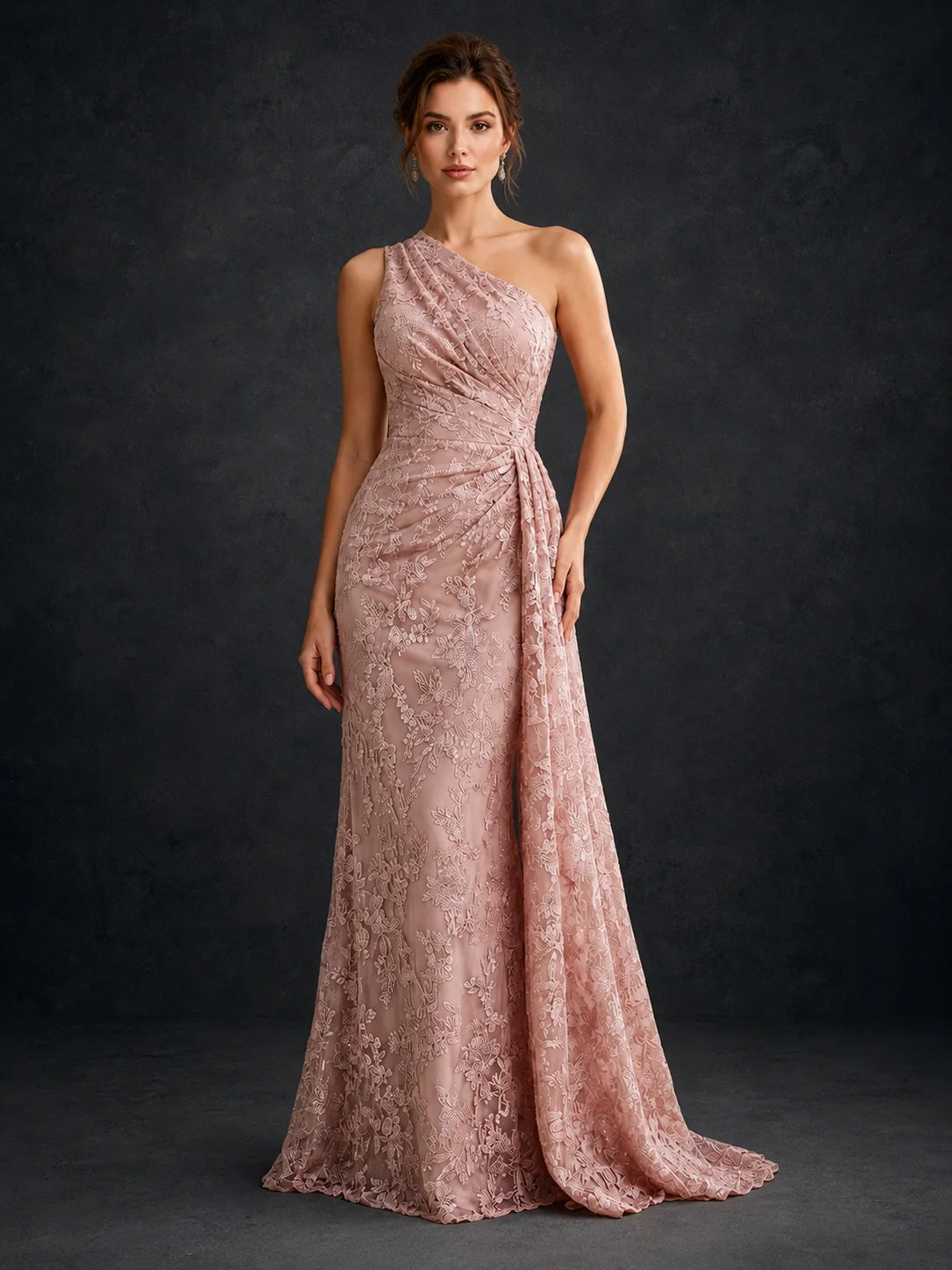 One-Shoulder Ruched Floral Lace Floor-Length Prom Dress