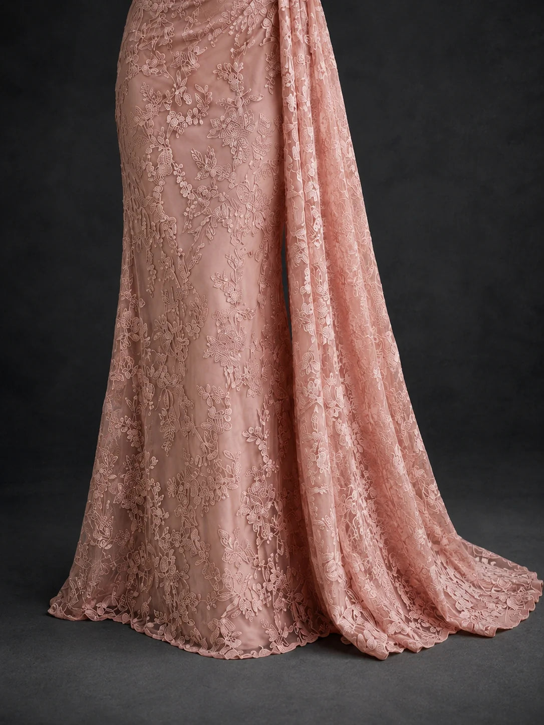 One-Shoulder Ruched Floral Lace Floor-Length Prom Dress