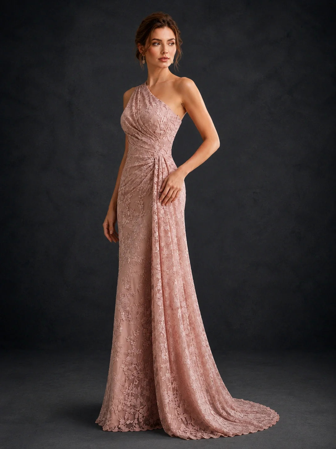 One-Shoulder Ruched Floral Lace Floor-Length Prom Dress