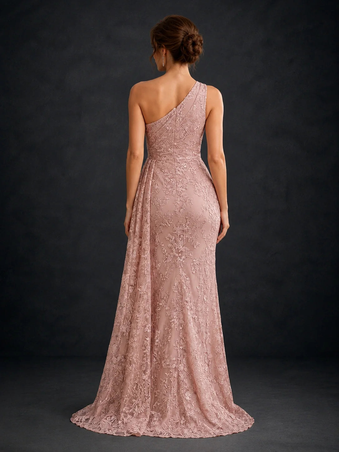 One-Shoulder Ruched Floral Lace Floor-Length Prom Dress