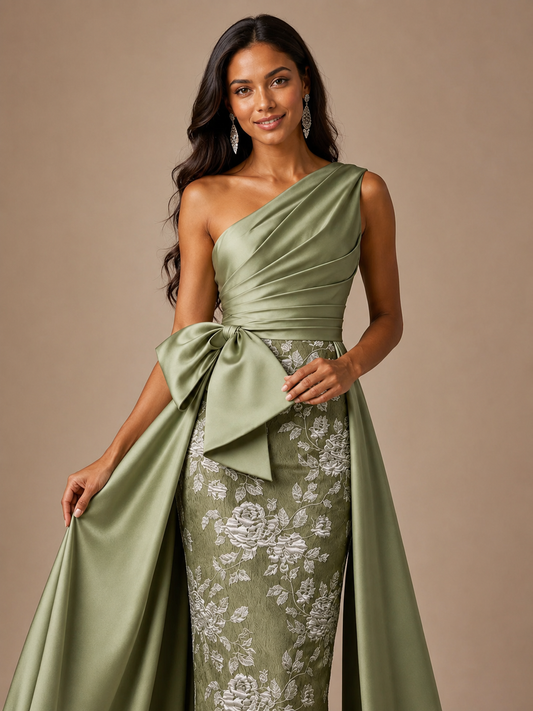 Floral One-Shoulder Mother of the Bride Dress with Bow