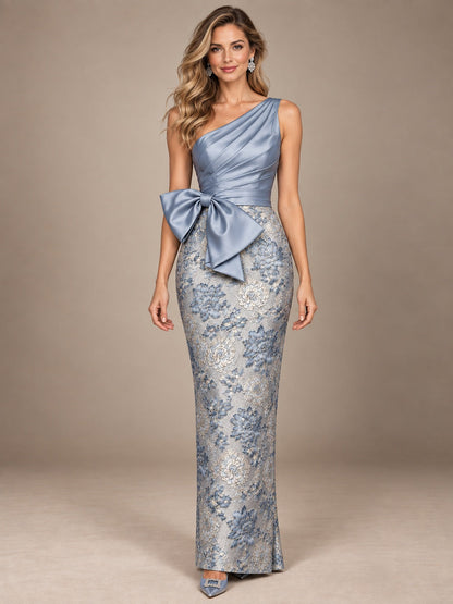 Dusty Blue One-Shoulder Floral Jacquard Mother of the Bride Dress