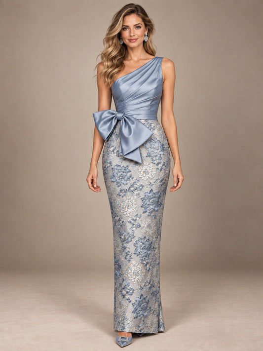 Dusty Blue One-Shoulder Floral Jacquard Mother of the Bride Dress