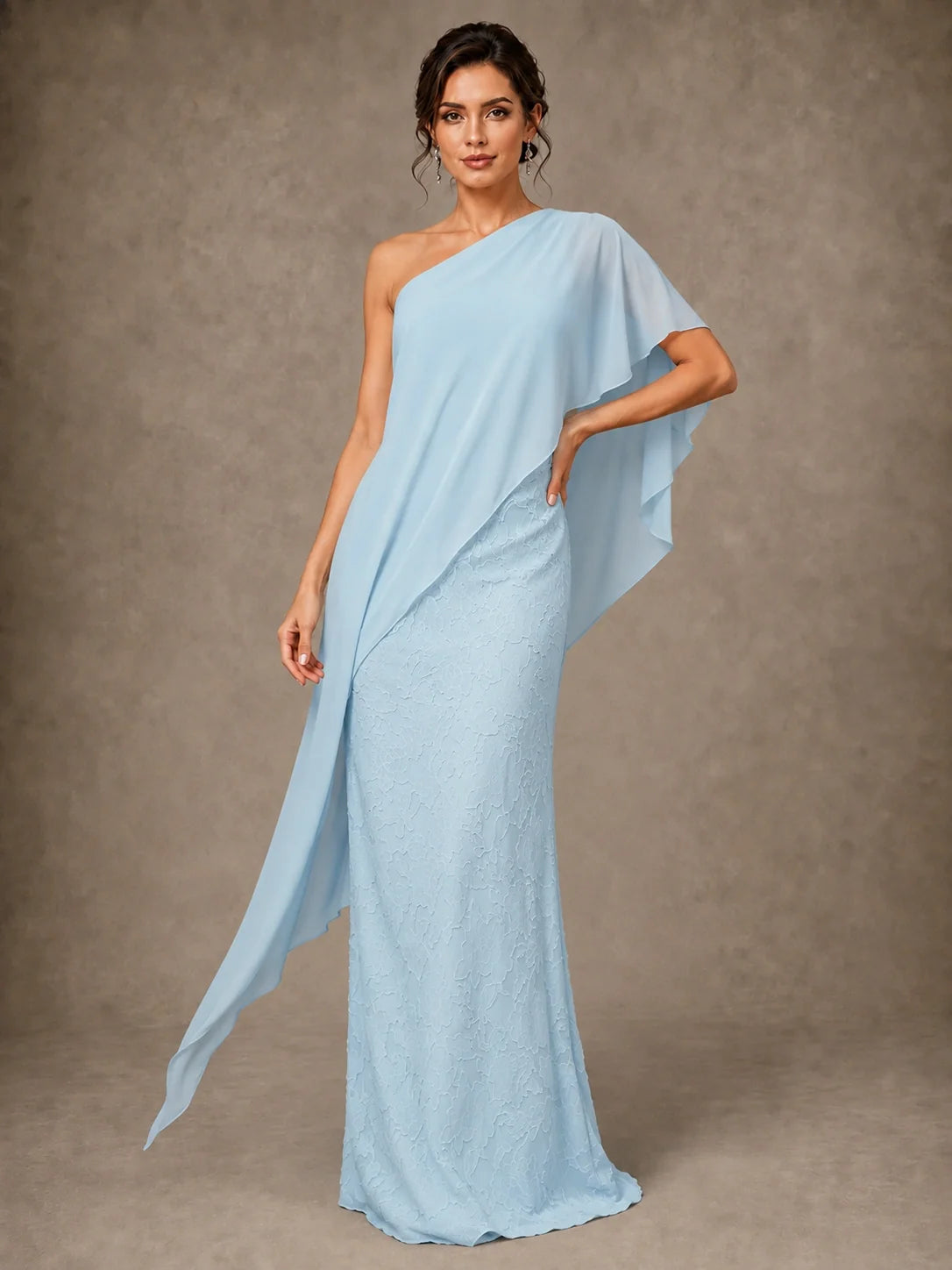 One Shoulder Chiffon Cape Mother of the Bride Gown with Floral Applique