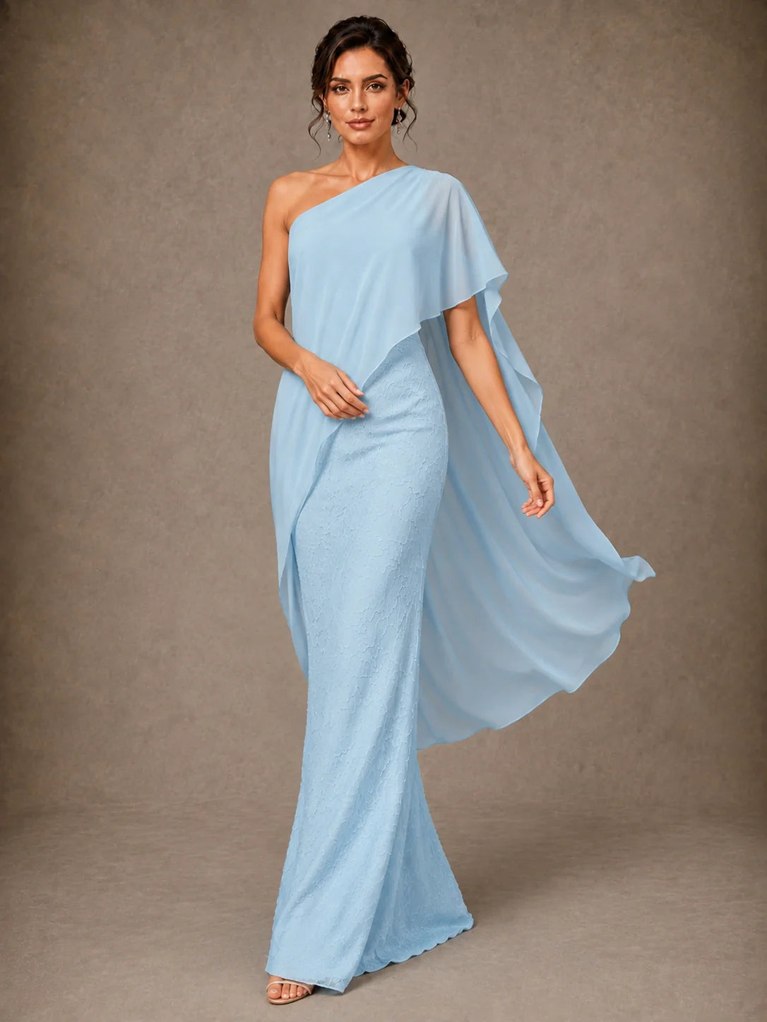 One Shoulder Chiffon Cape Mother of the Bride Gown with Floral Applique