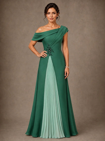 One Shoulder Chiffon Mother of the Bride Gown with Pleated Panel