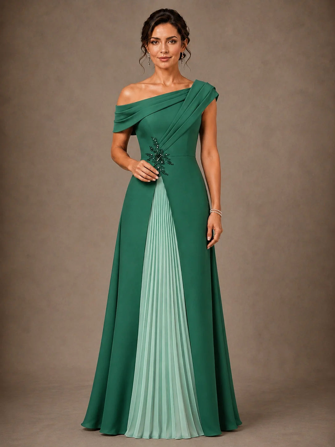 One Shoulder Chiffon Mother of the Bride Gown with Pleated Panel