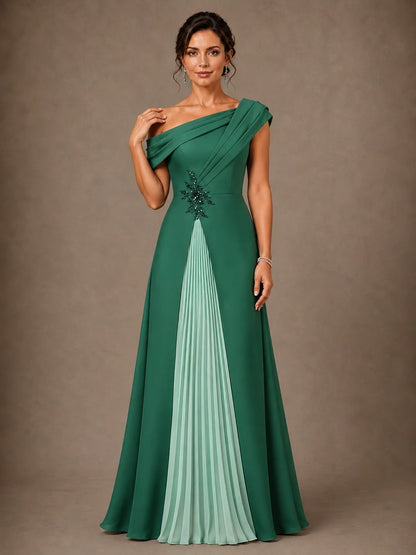 Floor-length A-line chiffon formal gown with draped one shoulder neckline
