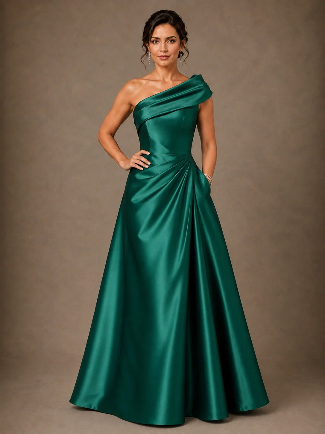 One Shoulder Draped Satin A-Line Mother of the Bride Dress