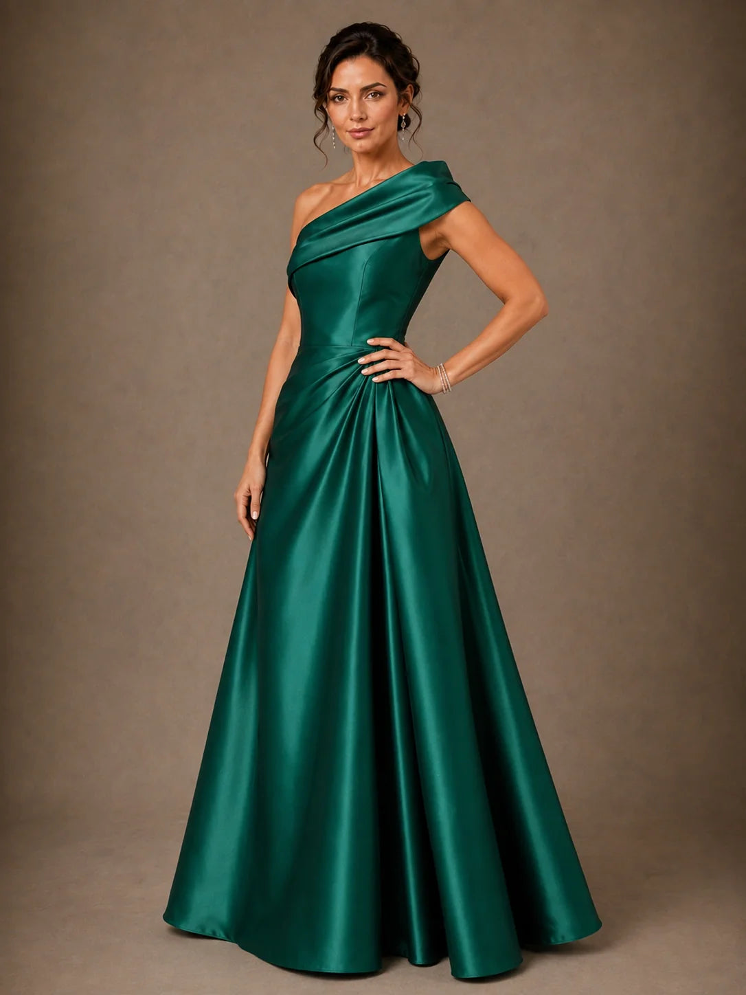 One Shoulder Draped Satin A-Line Mother of the Bride Dress