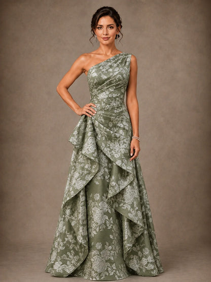 One Shoulder Floral Jacquard Mother of the Bride Gown