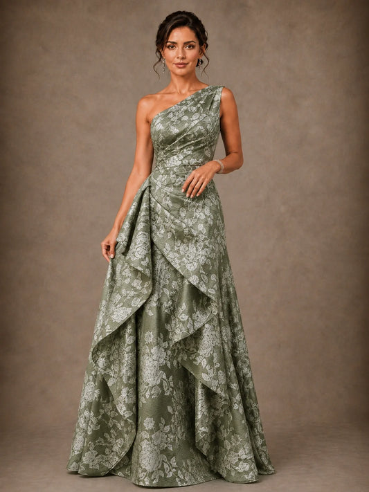 One Shoulder Floral Jacquard Mother of the Bride Gown