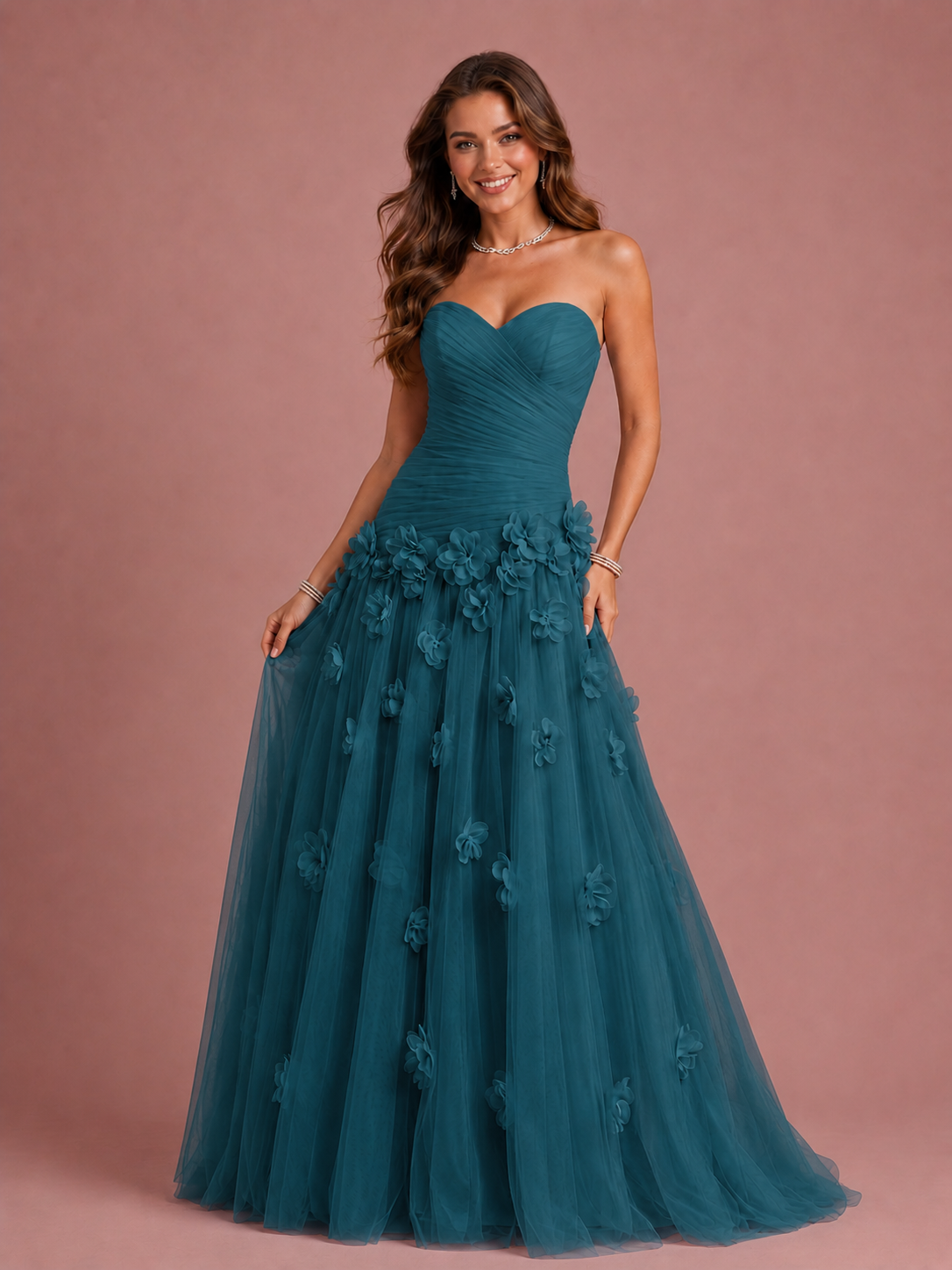 Blush Pink Strapless Sweetheart 3D Floral Tulle Ball Gown Prom Dres